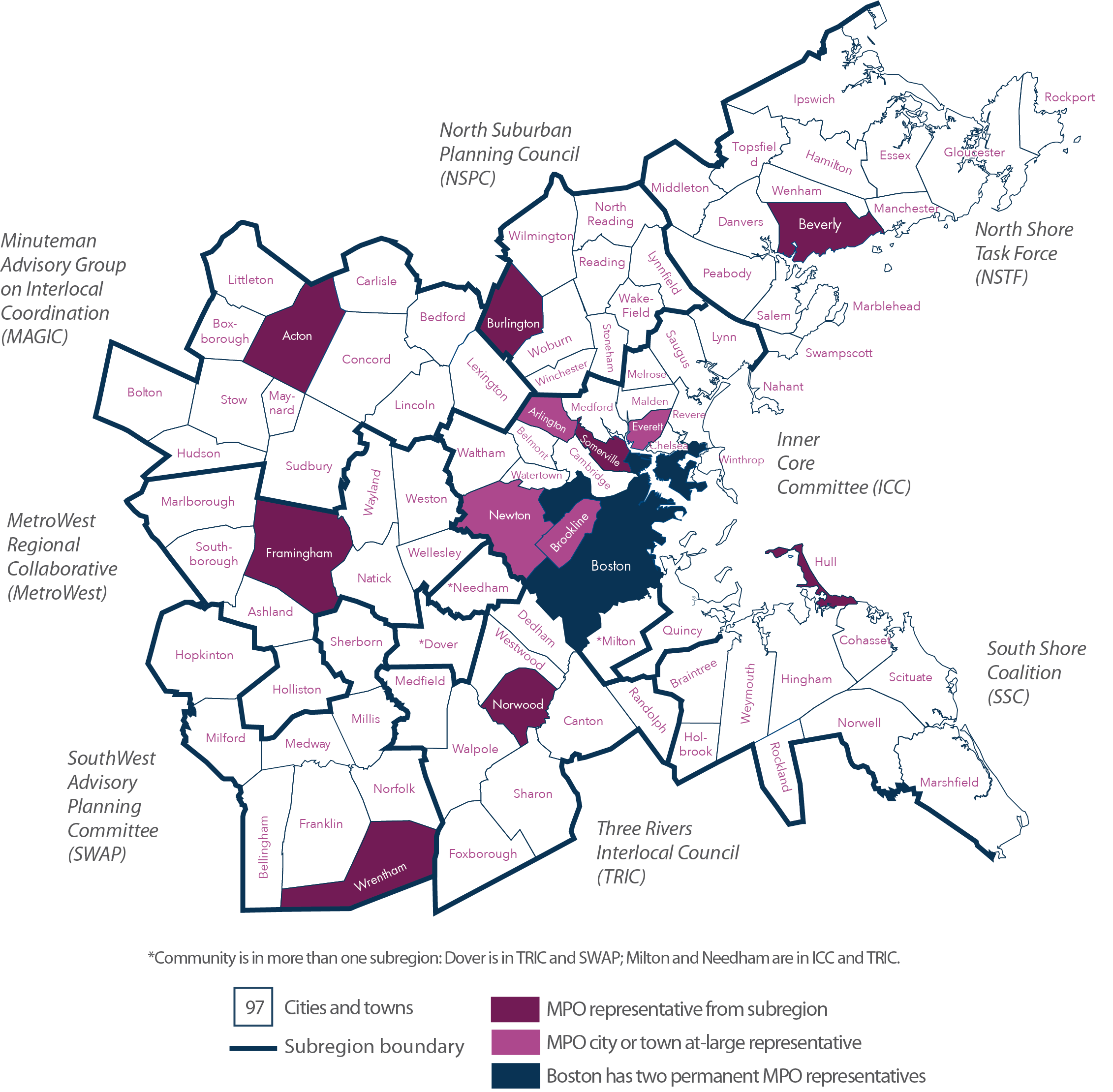 This is a map of the cities and towns in the Boston Region. There are 97 cities and towns within the Boston Region Metropolitan Planning Organization’s planning area.